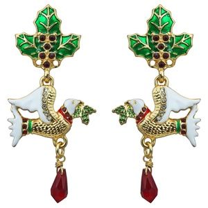 Two Turtle Doves Merry Christmas Drop Dangle Earrings by Ritzy Couture -Goldtone